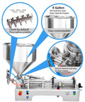 Horizontal Pneumatic Piston Filling Machine For Liquids And Pastes Semi Automatic Liquid Paste Dispenser with 8 Gallon stainless steel hopper.