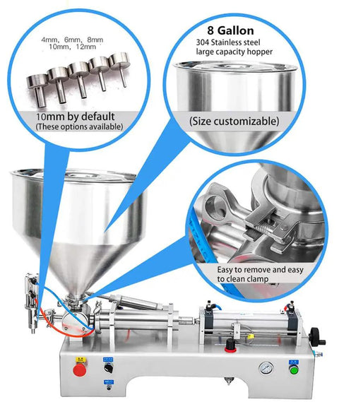 Horizontal Pneumatic Piston Filling Machine For Liquids And Pastes Semi Automatic Liquid Paste Dispenser with 8 Gallon stainless steel hopper.