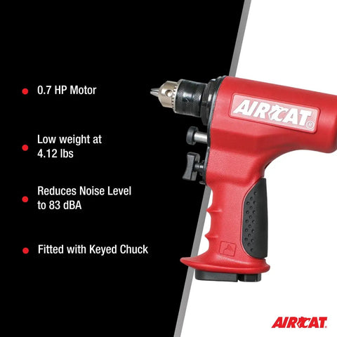 1/2-Inch Heavy Duty Reversible Composite Drill Air Tool With Keyed Chuck, Quiet Silencing Tech, 400 RPM, 0.7 HP, Lightweight Grip