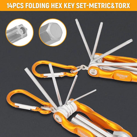Top Tier 14-Piece Folding Hex Key Set With Metric And Torx Bits, Heavy Duty CR-V Steel Tools For Bike Repair And Hard Core Mechanics Jobs That Never Bend Or Strip And Built Tough For The Garage; orange folding hex key set with carabiner