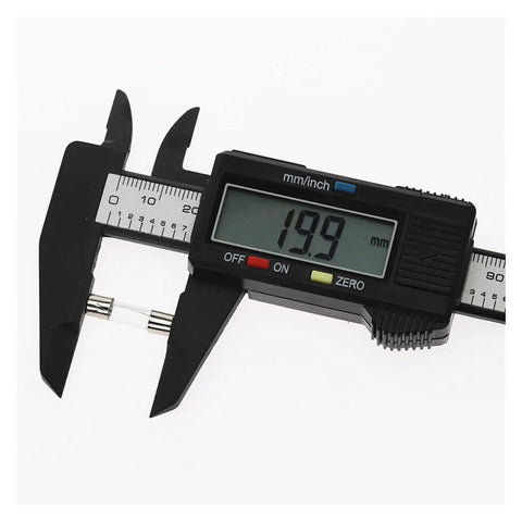 Digital caliper measuring 5x20mm fuse from Assorted 5x20mm Glass Tube Fuses Kit In Storage Case 100 Pieces Quick Blow Fuses From 1A To 25A 250V