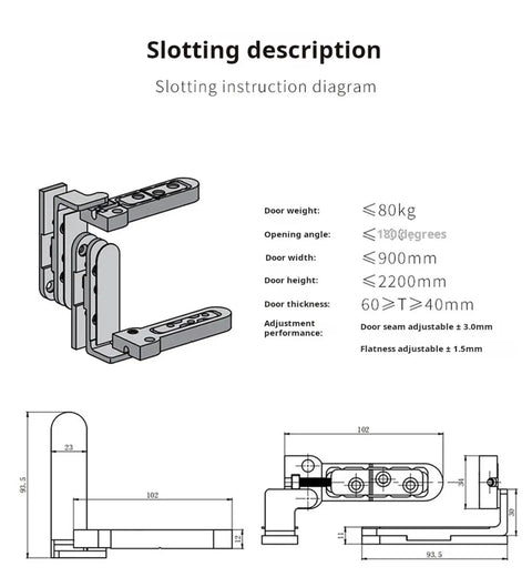 Rock Solid Stainless Steel Concealed Door Hinges Featuring 3D Adjustable Pivot Design, slotted diagram with dimensions and specs.