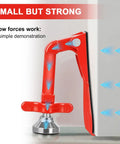 Travel Door Stopper Lock For Hotels And On The Go Anti Theft Door Blocker No Drill Security Door Stop For Bottom Of Door Inward Opening Doors Portable Zinc Alloy Barrier Red installed on door with force arrows.