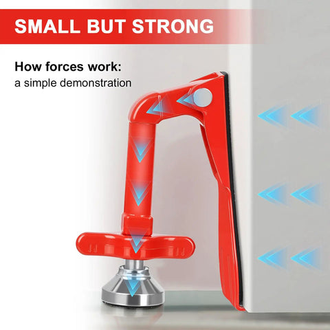 Travel Door Stopper Lock For Hotels And On The Go Anti Theft Door Blocker No Drill Security Door Stop For Bottom Of Door Inward Opening Doors Portable Zinc Alloy Barrier Red installed on door with force arrows.