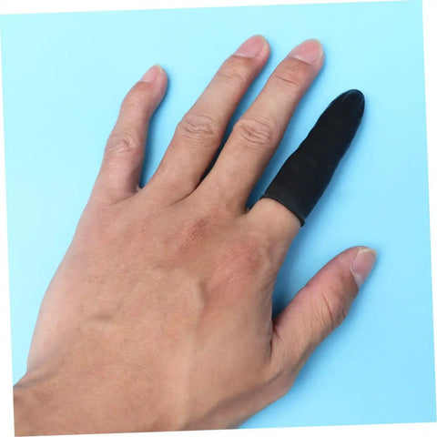 Boss Level Black Antistatic Finger Covers Straight Up Sweat Resistant Cotton Workshop Sleeve Guards on a hand over a blue background.