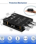 Beefy Bluetooth Five Point Zero Stereo Amplifier Board With Two Channel 100 Watts Per Channel 200 Watts Total Treble And Bass Control AUX Input And App Control For Home Speaker Setup, shown in hand for size reference.