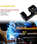 Badass Aluminum Tungsten Electrode Sharpener Featuring Cut Off Slot, compatible with rotary tools, shown in welding action.