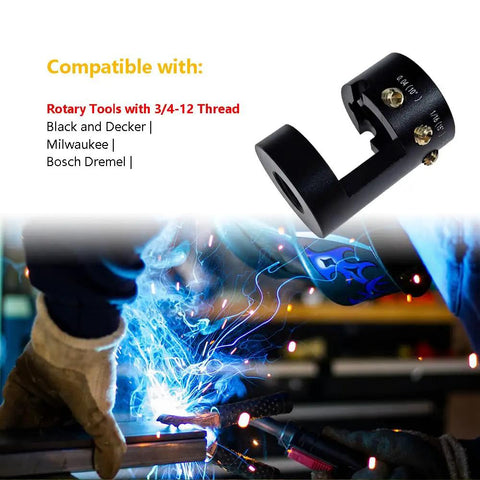 Badass Aluminum Tungsten Electrode Sharpener Featuring Cut Off Slot, compatible with rotary tools, shown in welding action.