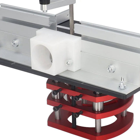 Manual Router Lift Table With Precision Top Plate For 64mm To 66mm Trim Routers showing components for setup and adjustment.