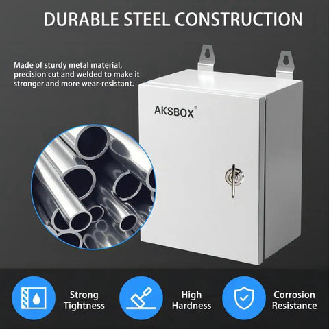 Built Tough Outdoor Electrical Enclosure Box 16 By 12 By 7 Inches Metal Weatherproof NEMA 4X IP65 with lock, wall mount display