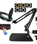 15X HD Magnifying Glass With Light For Crafts And Reading, adjustable swing arm desk lamp, five color LED, clamp and base