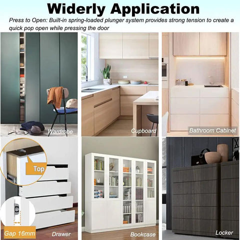 Push To Open Cabinet Latches 16 Pack Magnetic Door Release installed in wardrobes, cupboards, bathroom cabinets, drawers, bookcases.