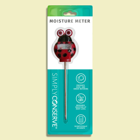 Ladybug Themed Soil Moisture Meter For Indoor And Outdoor Plants With Easy Read Dial Water Saving Garden Gadget To Check Soil Moisture And Help Your Plants Thrive in packaging, showing ladybug design and moisture meter probe.
