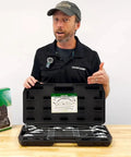 Man displays open case of 11 Piece Pro Grease Gun Adapter Kit For Aviation Industrial Mining And Agricultural Equipment Precision Fittings For Hard To Reach Grease Points And Durable Heavy Duty Performance.