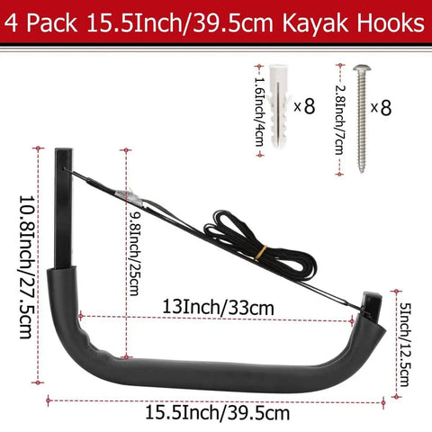 Beefy Heavy Duty Wall Mount Storage Hooks For Kayaks And Paddleboards 4 Pack with dimensions and accessories shown