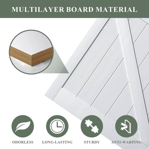 Sliding Barn Door Kit With Pre Drilled Holes And No Fuss Easy Assembly 42 By 84 Inch White MDF Slab With Waterproof Paint Finish Includes 7 Foot Sliding Hardware And Sturdy K Shaped Frame For Quick Install, corner view highlighting multilayer material features.