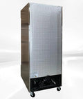 Top Shelf Commercial Freezer Upright Reach In With Tempered Glass Door And Built Tough Stainless Steel Exterior Nsf Certified 23 Cubic Foot Capacity side view.