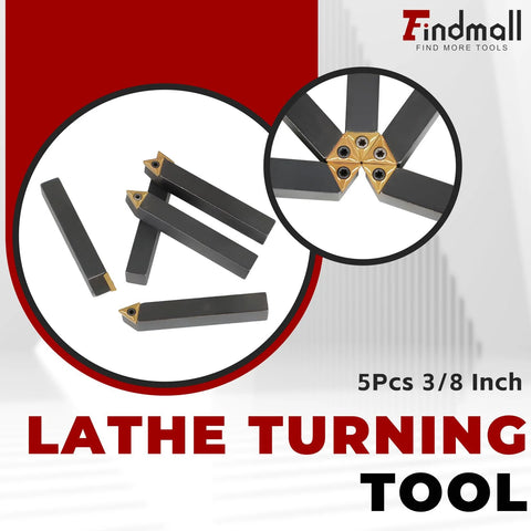 Front view: 5-piece 3/8-inch indexable carbide lathe turning tool holders with TCMT110204 inserts, Findmall