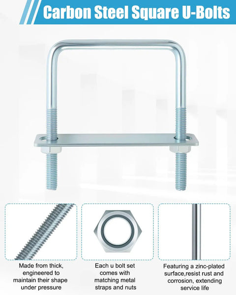 Single Six Pack Square U Bolts Four Inch Wide Zinc Plated Three Eighths Inch By Four By Five Inch Carbon Steel with frame plate and nuts