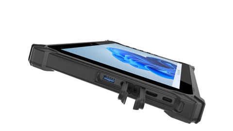 Rock Solid 10.1 Inch Rugged Industrial Tablet PC Running Windows 11 with ports visible on the side for connectivity.