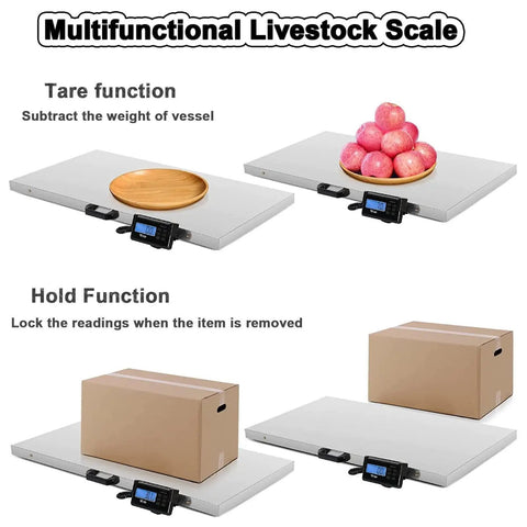 Heavy Duty Workhorse Electronic Platform Scale Built Tough For Livestock Shipping Large Breed Dog Weighing Multi Purpose Commercial Stainless Steel Floor Ready Station showing tare and hold functions with objects.