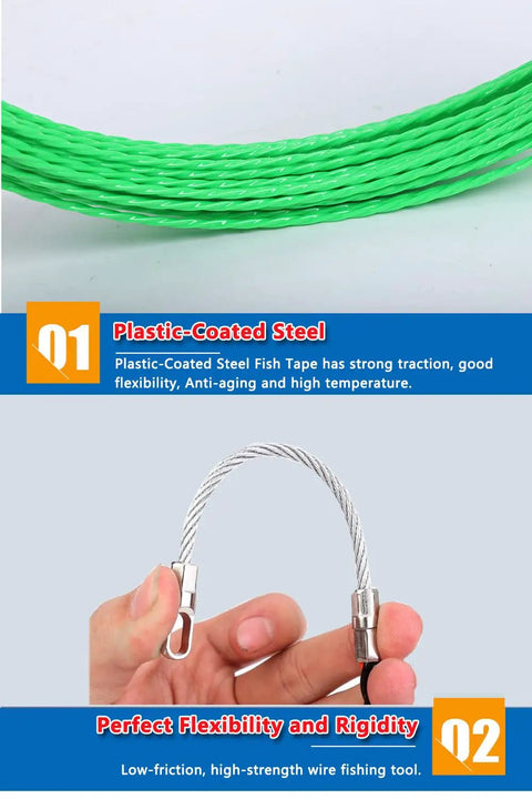 Professional 32 Ft Fish Tape Wire Snake For Electrical Installations Ultra Flexible Pet Core Pull Guide features plastic-coated steel and flexible design.