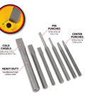 Pro Grade 7 Piece Punch And Chisel Set built with high carbon steel, includes center punches, pin punches, and cold chisels