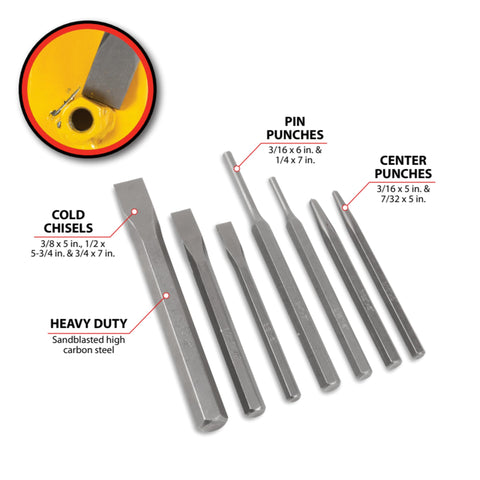 Pro Grade 7 Piece Punch And Chisel Set built with high carbon steel, includes center punches, pin punches, and cold chisels