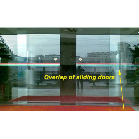 Sliding glass doors overlap shown for F Type Glass Door Seal Strips For Three Eighths Inch Glass, ideal for offices or malls.