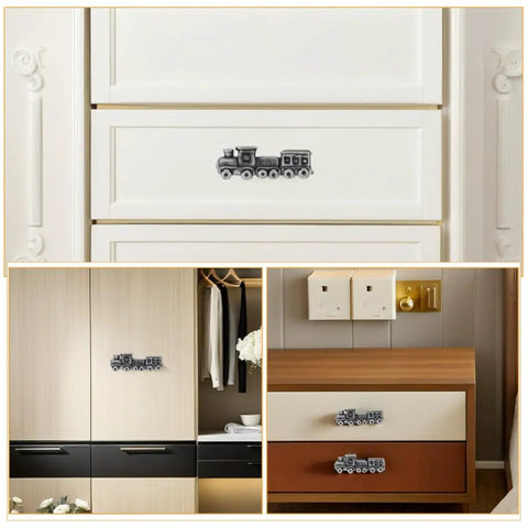 Black Brushed Zinc Alloy Train Cabinet Knobs For Bedroom Furniture Set Of 2 Durable And Rad Drawer Pulls visible on drawers