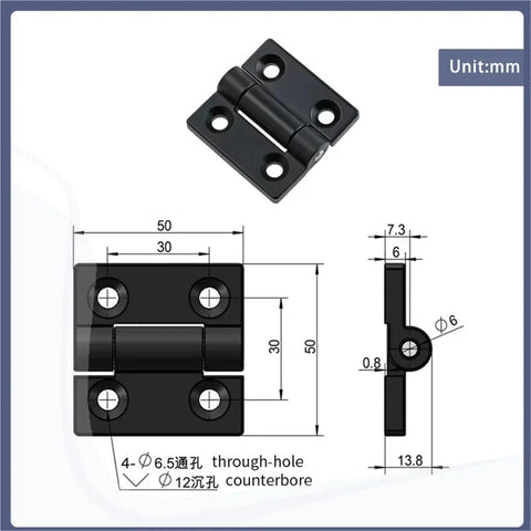 Black zinc-alloy torque hinge for electrical cabinet doors, 50×50 mm, four Ø6.5 through-holes with Ø12 counterbores, 1 pc