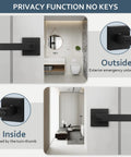 Six Pack Privacy Door Handles Black No Keys For Bedroom And Bathroom Interior Levers For Left Or Right Handed Doors Modern Square Door Knobs With Thumb Turn Lock And Emergency Release shown with bathroom interior and lock mechanism details