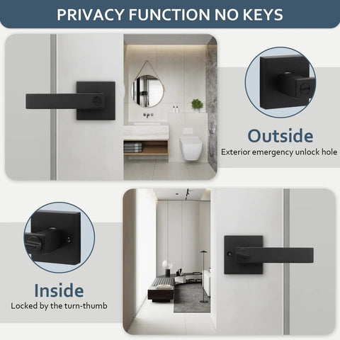 Six Pack Privacy Door Handles Black No Keys For Bedroom And Bathroom Interior Levers For Left Or Right Handed Doors Modern Square Door Knobs With Thumb Turn Lock And Emergency Release shown with bathroom interior and lock mechanism details