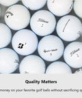 Assorted branded golf balls showing Callaway, TaylorMade, and Titleist logos, with a focus on Quality Matters message.