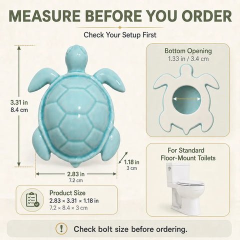 Blue Ceramic Sea Turtle Toilet Bolt Covers 2 Pack Quick Conceal Rusty Seat Bolts Coastal Bathroom Decor Upgrade Deck Out Your Bath With Laid Back Ocean Vibes Solid Two Piece Floor Mount Cap Set with measurement guide.