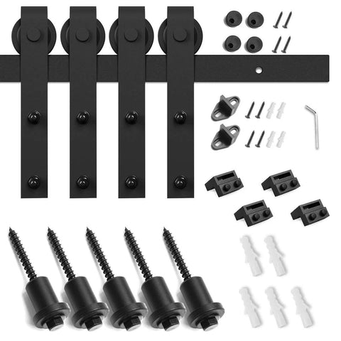 Components of Six Foot Double Barn Door Hardware Kit For Home Use Sliding Door Track That Glides Smooth And Quiet DIY Friendly Install