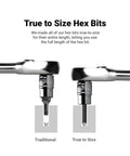 Comparison of traditional vs true-to-size hex bits from Master Bit Socket Set 88 Piece Advanced Series With Beefy S2 Steel Bits In Impact Case.