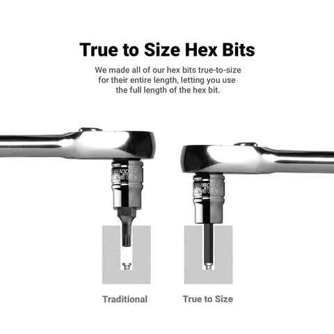 Comparison of traditional vs true-to-size hex bits from Master Bit Socket Set 88 Piece Advanced Series With Beefy S2 Steel Bits In Impact Case.