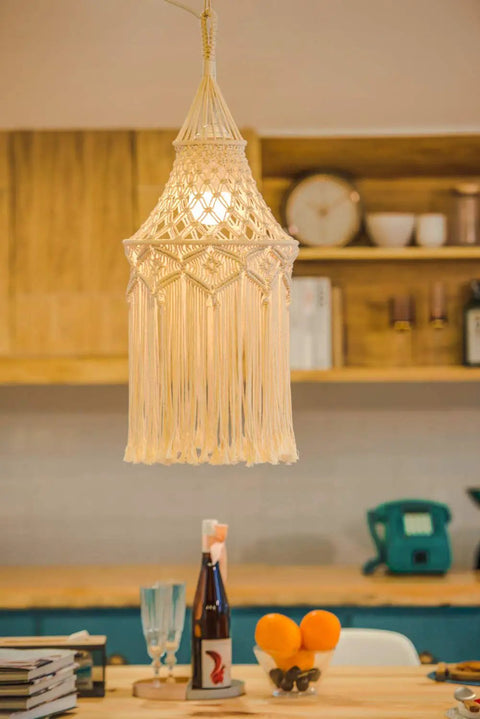 Boho Macrame Lamp Shade Hanging Pendant Light Cover For Living Room Bedroom Office Nursery Dorm Decor Bohemian Style Lampshade Lightbulb Not Included hanging in a cozy room.