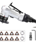 Side view of SI FANG mini pneumatic chamfering tool with replaceable carbide inserts and wrenches; metal body.