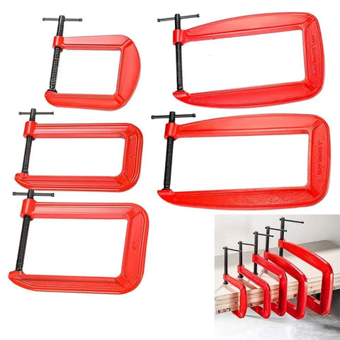 Massive 110mm Jaw G Clamp With Deep Throat For Welding And Woodworking Projects Made From Durable Cast Iron Rust Resistant Orange Finish Heavy Duty C-Clamp For Gluing And Assembly Tasks No Sweat Guarantee set, showcasing multiple sizes.