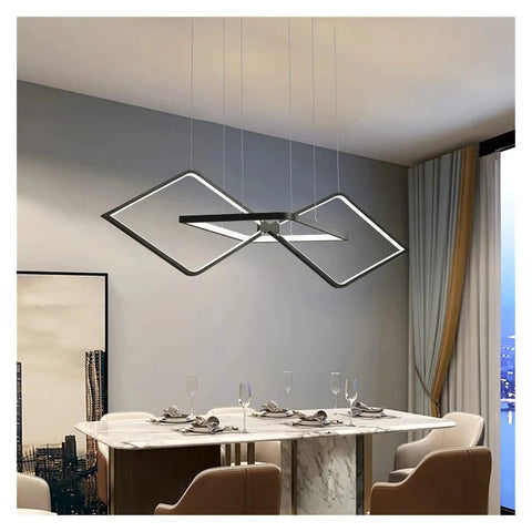 Minimalist Modern LED Pendant Lights for Living Room Dining Table LED Pendant Lamp for Home Shops Office Use (Colour: BlackColdWhite Size: L100CM) (Blackdimmingwithremote L100CM) hanging over marble dining table.