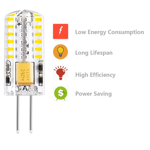 G4 LED Bulbs 12V AC/DC Bi-Pin Base For Landscape Lighting with efficiency icons and bi-pin design shown in close-up