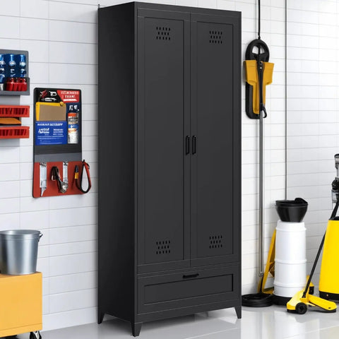 Front view of Beefy Steel Garage Storage Cabinet With Adjustable Shelves And A Drawer For Tools And Vacuum Storage in black finish.