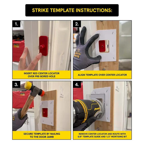 No Sweat Bamboo Router Jig For Door Latch And Deadbolt Installation with step-by-step strike template instructions.