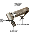 Compact Pneumatic Right Angle Die Grinder Featuring Built In Air Regulator And Safety Throttle Lock Delivers Badass 22000 Rpm Torque for precision tasks
