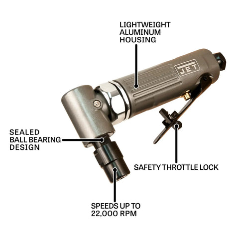 Compact Pneumatic Right Angle Die Grinder Featuring Built In Air Regulator And Safety Throttle Lock Delivers Badass 22000 Rpm Torque for precision tasks