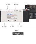AC110V Pneumatic Solenoid Valve 4V410-15; aluminum body, half-inch ports, two-position design; annotated dimensions visible