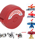 2 Pack Ball Valve Lockout Device Heavy Duty Padlock Gate Valve Safety Hasp for 1 to 2 inch water pipes with danger label.