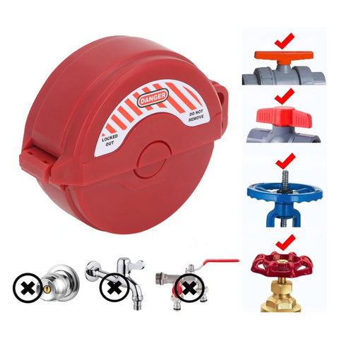 2 Pack Ball Valve Lockout Device Heavy Duty Padlock Gate Valve Safety Hasp for 1 to 2 inch water pipes with danger label.